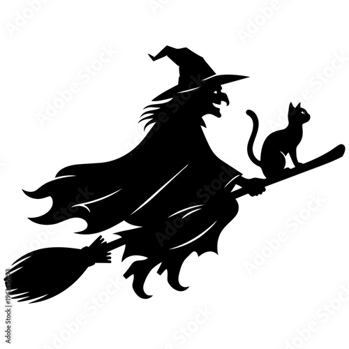 A black silhouette of a witch flying on a broomstick with a cat isolated on transparent background, Vector