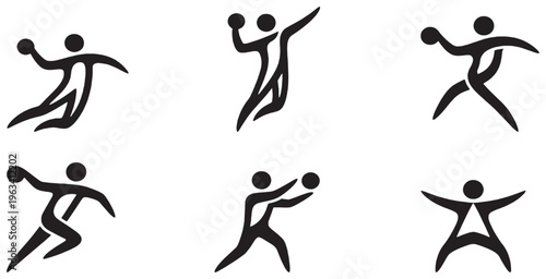 Set of six abstract black icons representing different handball player actions and poses.