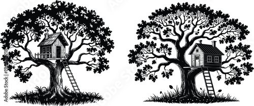 Set of two treehouse illustrations in black and white silhouette style with wooden ladders