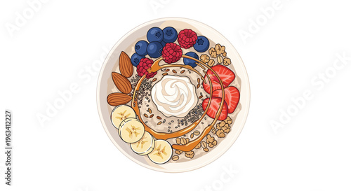 A round bowl of oatmeal is meticulously topped with various fruits, nuts, seeds, cream, and caramel on a white background.