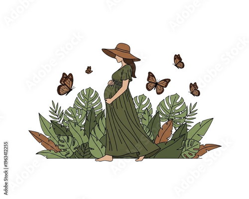 Elegant Pregnant Woman in Green Maxi Dress and Sun Hat Walking through Tropical Leaves with Butterflies; Boho Maternity Lifestyle, Nature Connection, and Growth Concept Illustration