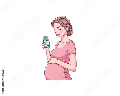 Beautiful pregnant woman holding a bottle of prenatal vitamins and gently touching her belly. Vector illustration concept for maternal healthcare, healthy pregnancy nutrition, and maternity supplement