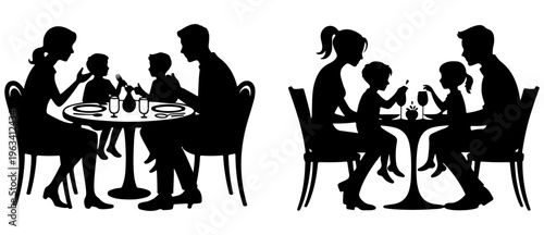Family silhouette eating dinner together at a round table, parents and children sharing a meal in a restaurant or home setting, silhouettes of people vector