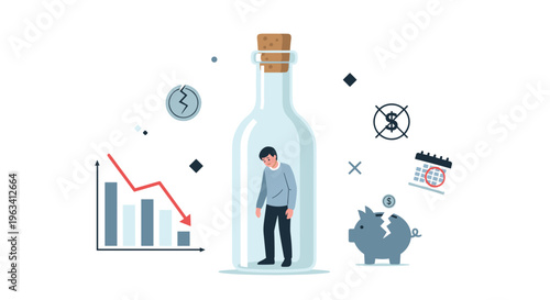 A sad man is trapped inside a corked glass bottle, surrounded by financial distress icons on a white background.