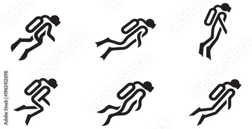 Collection of stylized icons representing a scuba diver in various underwater poses, perfect for graphic design and aquatic themes.