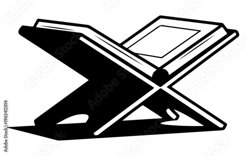 Quran vector, Islamic holy book Quran on traditional wooden carved reharl stand, Minimalist black and white vector illustration for Ramadan and religious concepts