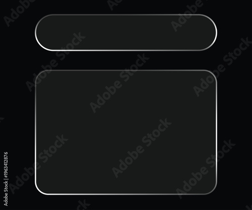 Glass liquid ui button set with transparent 3d effect - rectangle frame box elements in various sizes and proportions, glossy morphism style borders for modern interface design on dark background.