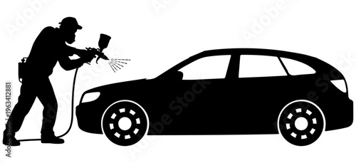 Silhouette vector of a man panting a car, Silhouette of a car being spray painted with a paint gun, automotive repair and body shop service for vehicle restoration