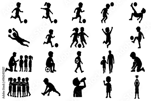 Kids Soccer Silhouettes Set – Vector Collection of Children Playing, Coaching, and Celebrating for Youth Football and Sports Design