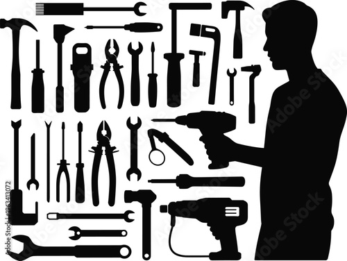 Black silhouette vector illustration set of a male repairman with professional hand tools and power drill for home maintenance