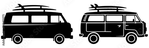 Surf van retro mini bus icon vacation trip symbol, Mini bus surf, Vector illustration set of car silhouettes and transport icons featuring isolated, vans, buses, for travel and road transportation