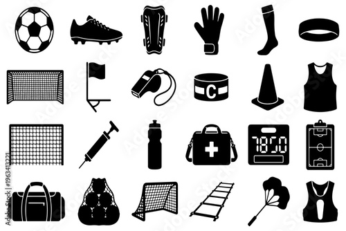 Soccer Equipment Icons Set – Vector Collection of Football Gear, Training Tools, and Accessories for Sports and Coaching Design