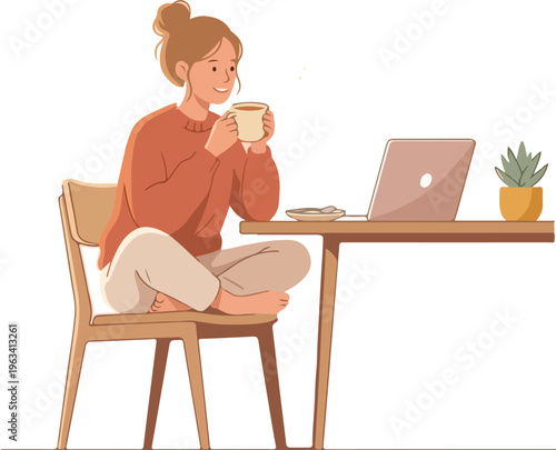 Woman wrapped in blanket drinking coffee by the window
