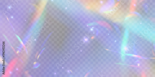Rainbow light prism effect, transparent blue background. Hologram reflection, crystal flare leak shadow overlay. Vector illustration of abstract blurred iridescent light backdrop