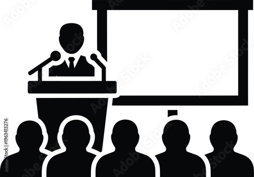 Vector graphic of business presentation with speaker and audience in silhouette