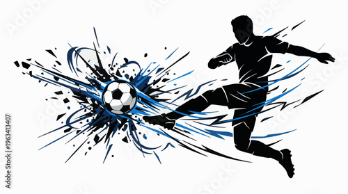 Dynamic Vector Illustration of a Soccer Player Kicking a Football with an Energetic Abstract Burst Effect