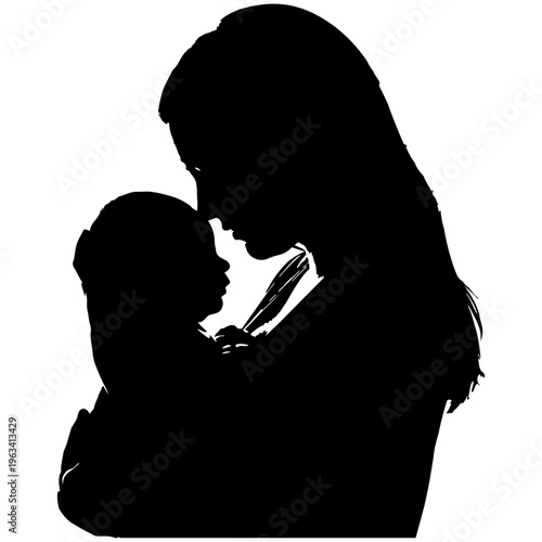 A woman holding a baby in her arms in a silhouette isolated on transparent background, Vector