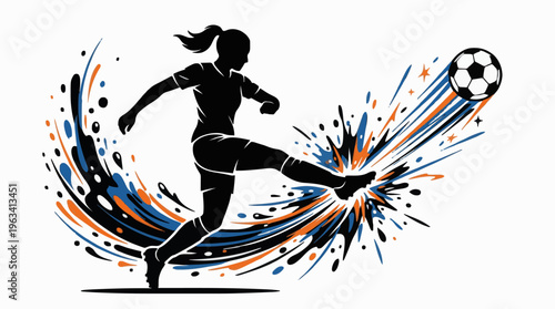 Silhouette of a woman playing soccer with a dynamic energy burst
