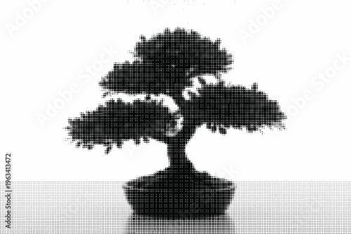 Halftone illustration of bonsai tree in a pot on white background