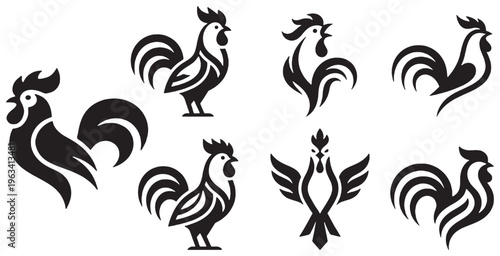 Collection of Stylized Rooster Silhouettes in Various Poses and Designs.