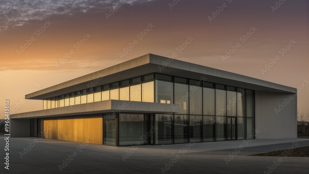 Obraz premium Modern Low-Rise Office Building with Glass Facade at Sunset