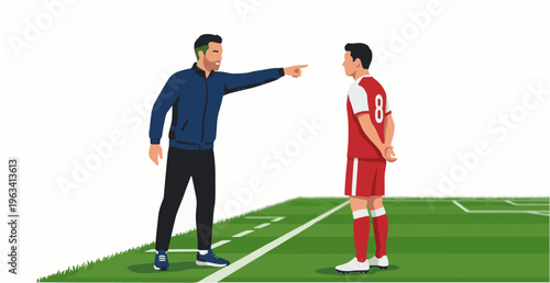 Soccer Coach Giving Instructions to Player on Green Field, Illustrating Strategy and Teamwork