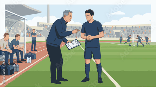 Coach Discussing Strategy with Soccer Player on Field Before Match