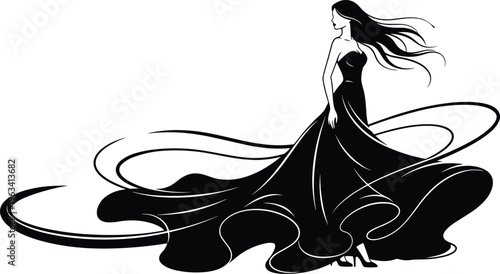 Elegant black and white silhouette of a beautiful woman in a flowing evening gown for fashion design beauty luxury gala and formal event concept