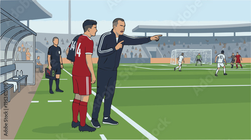 Coach instructing a young player on the sideline during a soccer match