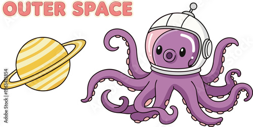 Outer space, cartoon octopus astronaut, purple tentacles, space helmet, planet