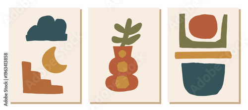 Organic cutout collage with a cute nature element and abstract paper shape for a fun scrapbook design. Bold rough figures through cubist sun patterns and flat summer decor, yet.