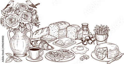 Breakfast still life, food illustration, vector graphics, brown line art