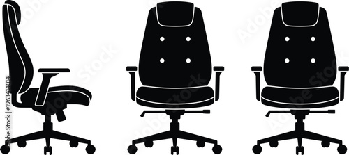 Set of black office chair silhouettes from front and side views for ergonomic workplace furniture design interior office equipment corporate workspace and professional seating concept