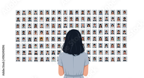 A woman with dark hair is standing with her back to the viewer, looking at a wall covered with many small portraits.