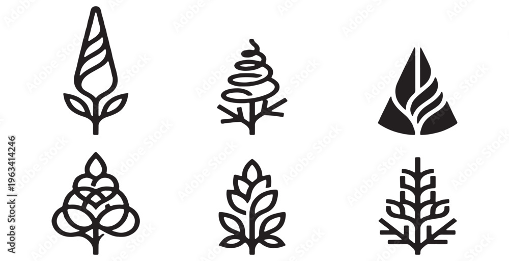 Obraz premium Collection of stylized abstract plant and tree icons in a minimalist line art style.