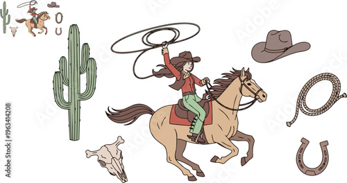Western cowgirl, horse, rodeo icons, cactus, lasso, cowboy hat, 25 elements