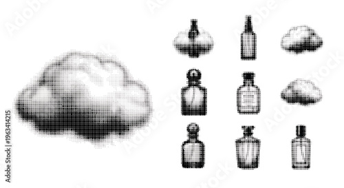 halftone illustration of bottles and clouds in black and white