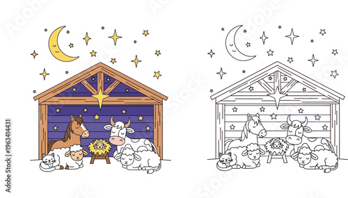 Cute Christmas nativity scene with baby Jesus and farm animals, colored and black and white coloring page vector illustrati