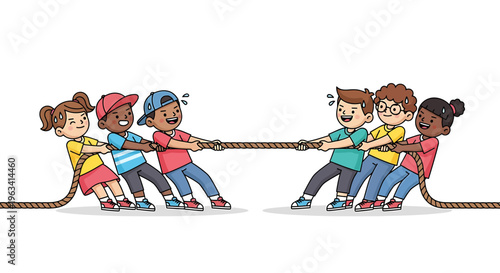 Diverse kids playing tug of war, teamwork and competition, children illustration, rope game