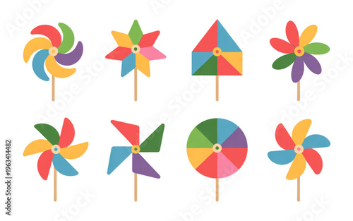 Colorful pinwheels and geometric shapes in a playful design collection isolated on transparent background