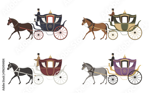 Victorian-era horse-drawn carriages in a row with passengers and drivers isolated on transparent background
