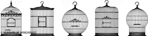 Vector illustration set of vintage birdcages with various ornate shapes and designs for home decor wedding invitation antique shop and classical interior styling concept