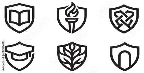 Set of six shield icons representing education, achievement, and knowledge, with symbols like an open book, graduation cap, and torch.