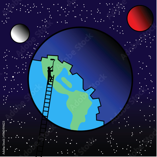 illustration a man painting earth, save earth, earth day, green energy