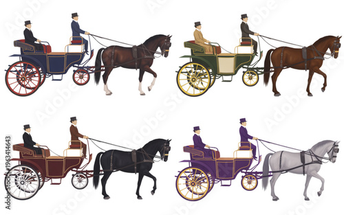 Historical horse-drawn carriages with passengers in vintage attire isolated on transparent background