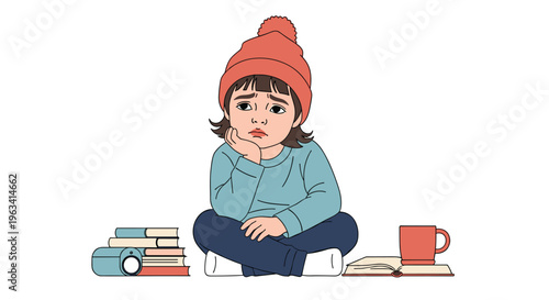 A sad child in a pink beanie sits cross-legged with books, a camera, and a mug on a white background.