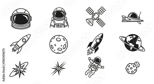 Set of Space and Astronomy Icons in Black and White Line Art Style