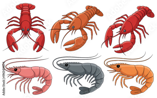A diverse collection of lobsters in various colors and species isolated on transparent background