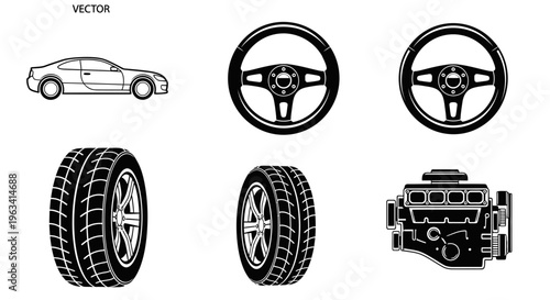 Set of Automotive Icons Featuring Car, Steering Wheels, Tires, and Engine