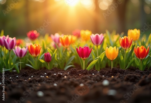 Flower Bed in Spring Sunlight Soil Preparation Gardening Vibrant Green Foliage Bright Blooms Contrasted Earth